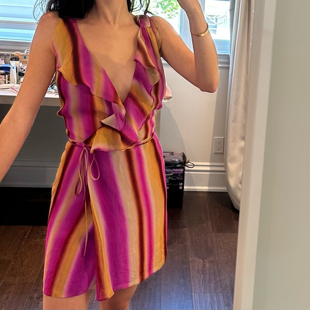 Colourful tie up summer dress with frills